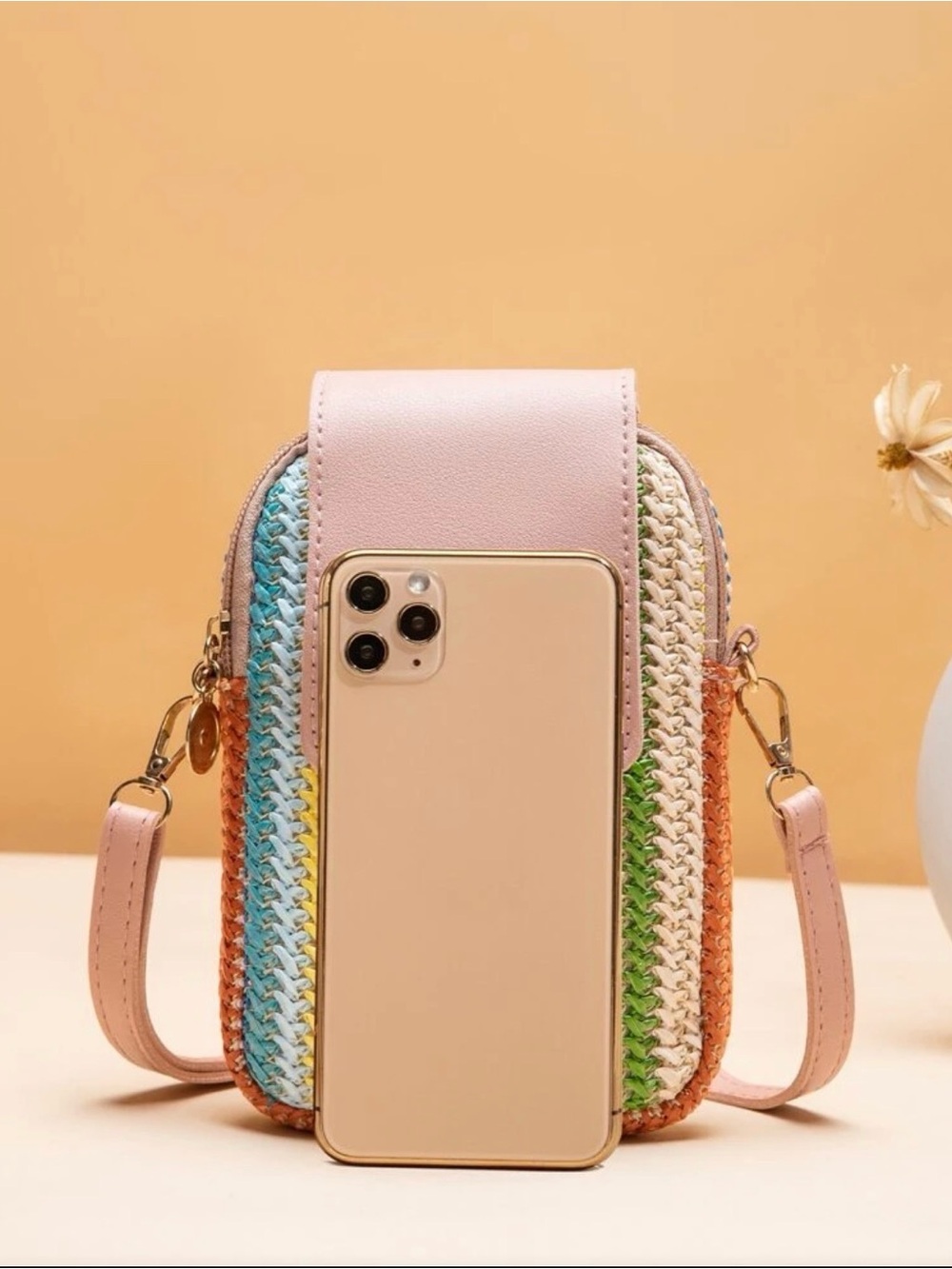 Women’s Pink Multicolor Straw Crossbody Bag with Cat Charm - Picture 4 of 4